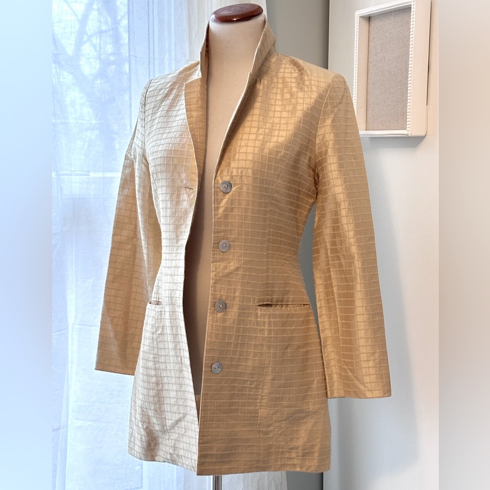 Buttery yellow silk window pane stitch long blazer